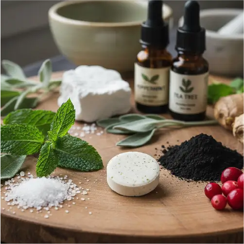 Premium toothpaste tablet on fresh mint leaves